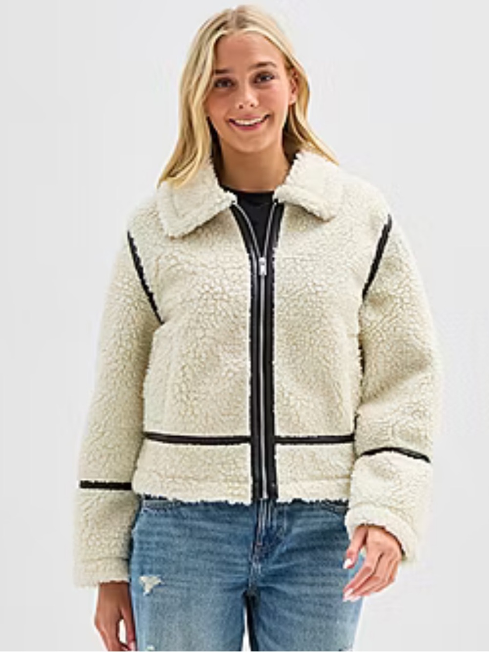 Arizona Sherpa Zip Jacket Cream Black Trim pockets comfy warm winter NWT XL cold